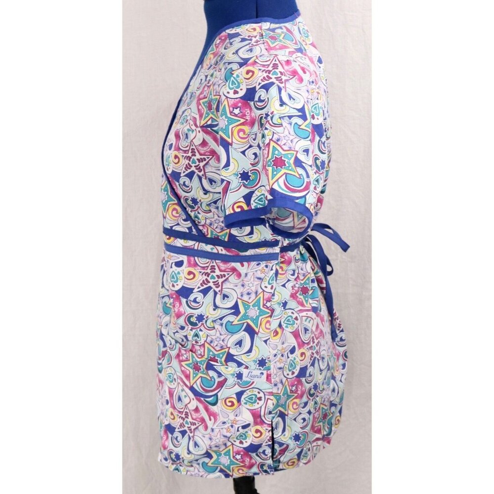 Liana Medical Scrub Top Women's XS Blue Multicolor Pattern VTG V-Neck Tie Back - Picture 6 of 11